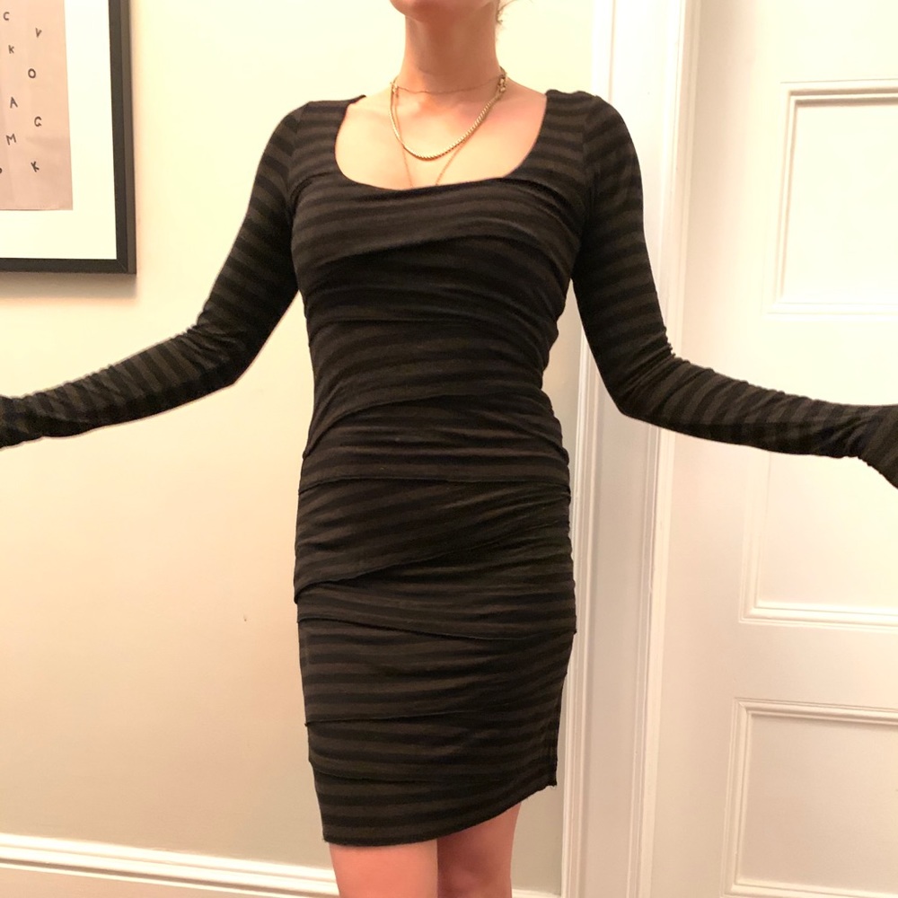 Bailey 44 brown and black striped tiered dress.